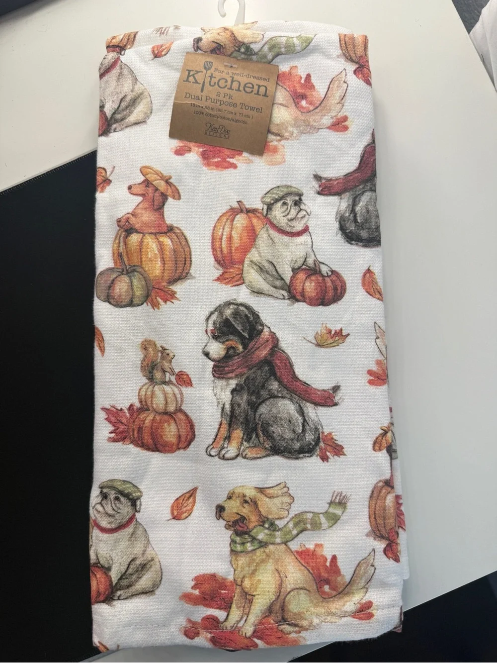 KAY DEE KITCHEN TOWELS (2) DOGS PUMPKINS LEAVES FALL 18 X 28 TERRY LINED NWT